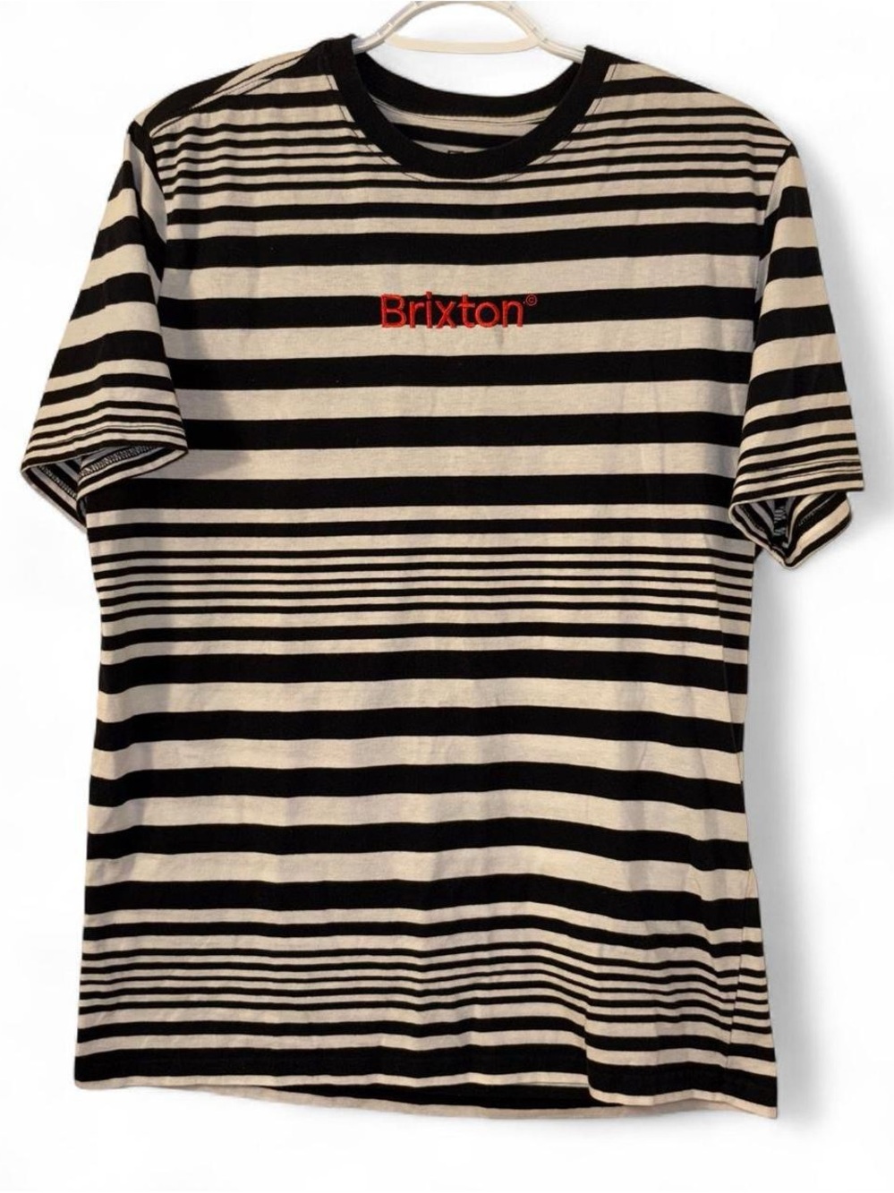 Brixton Black & Cream Striped Tee with Red Logo